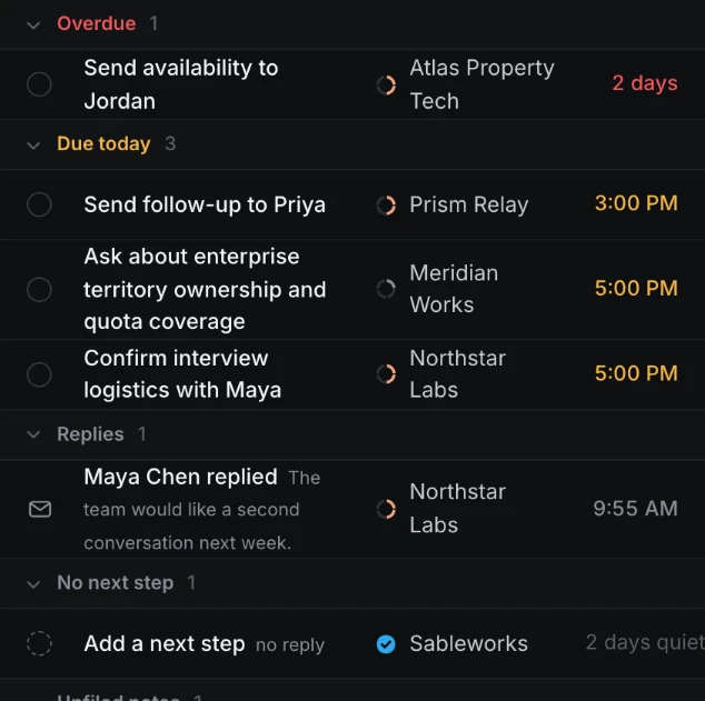 Tasks grouped as Overdue, Due today and Replies, each with its company and when it's due