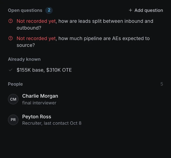 A briefing listing open questions not recorded yet, what's already known about pay, and the people you'll meet