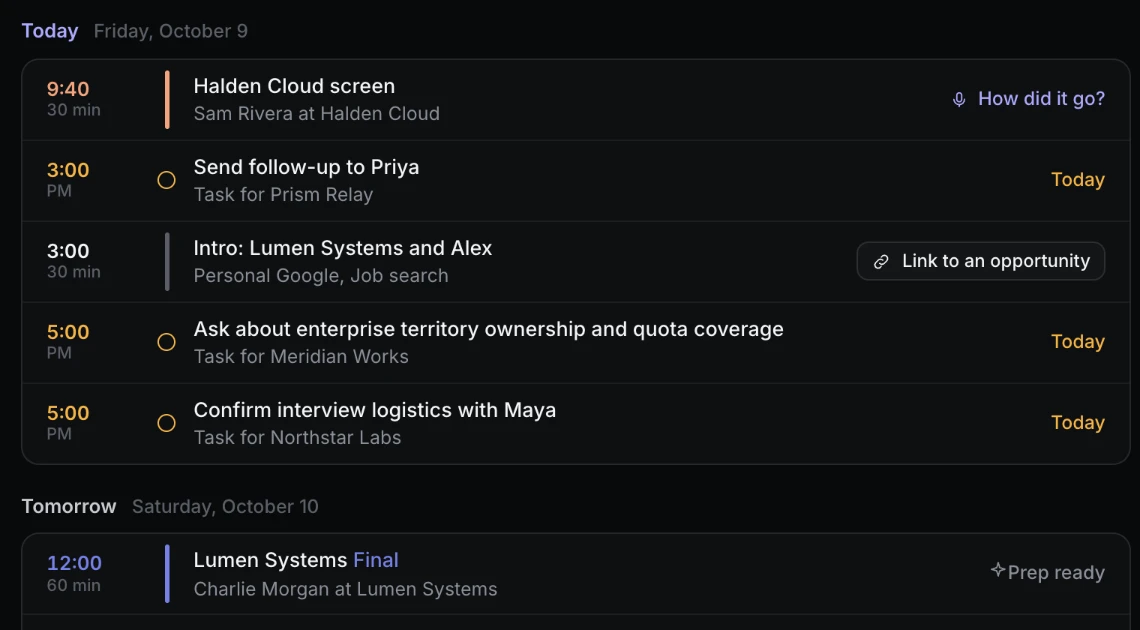 Today's agenda in Evallo: a recruiter screen, follow-up tasks, and an intro call from a personal Google calendar, with Link to an opportunity