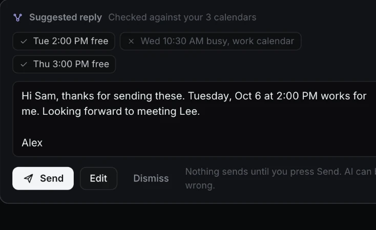 A suggested reply offering free times checked against your calendars, with Send, Edit and Dismiss