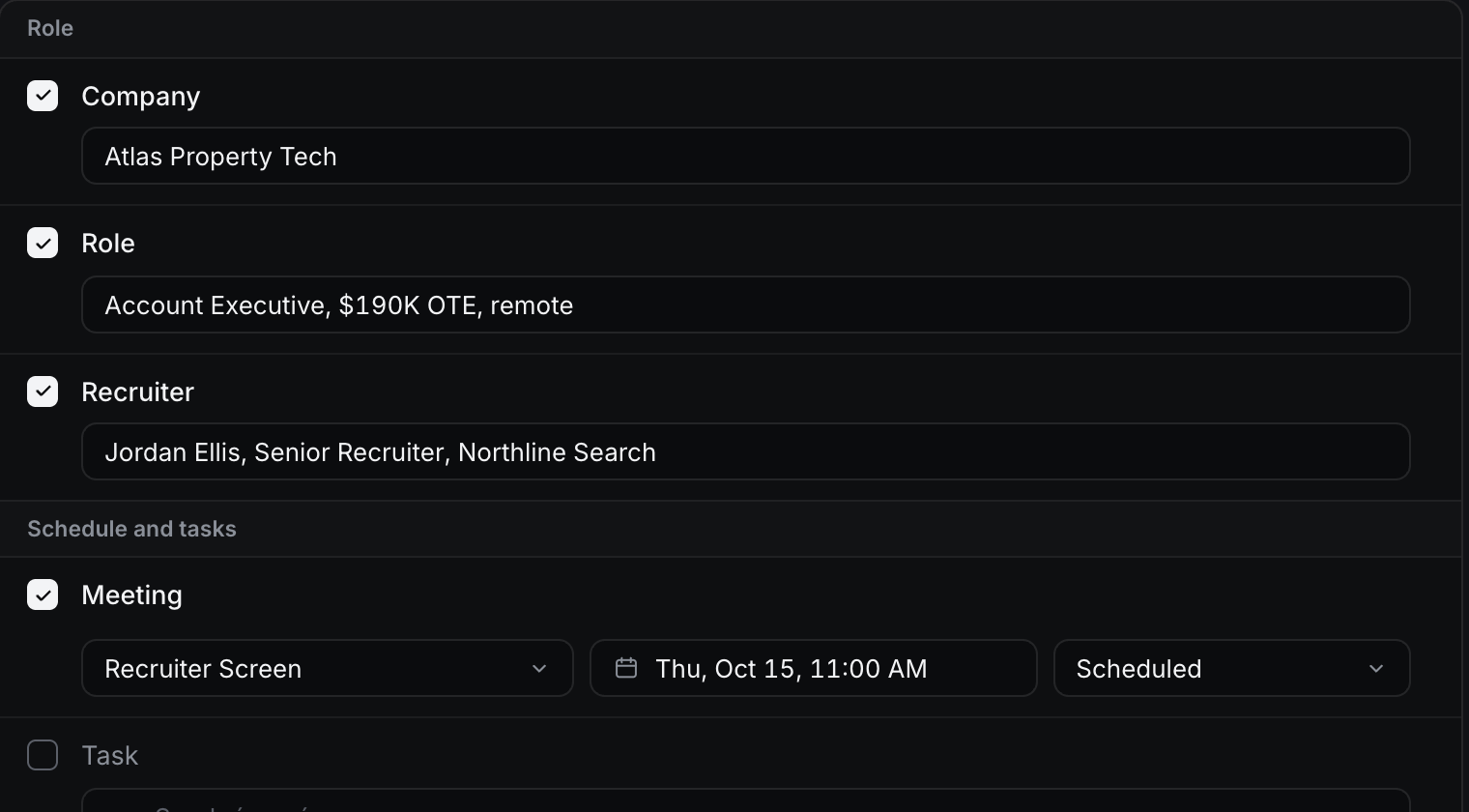 The review step: company, role, recruiter and a meeting found in a recruiter’s message, each with a checkbox