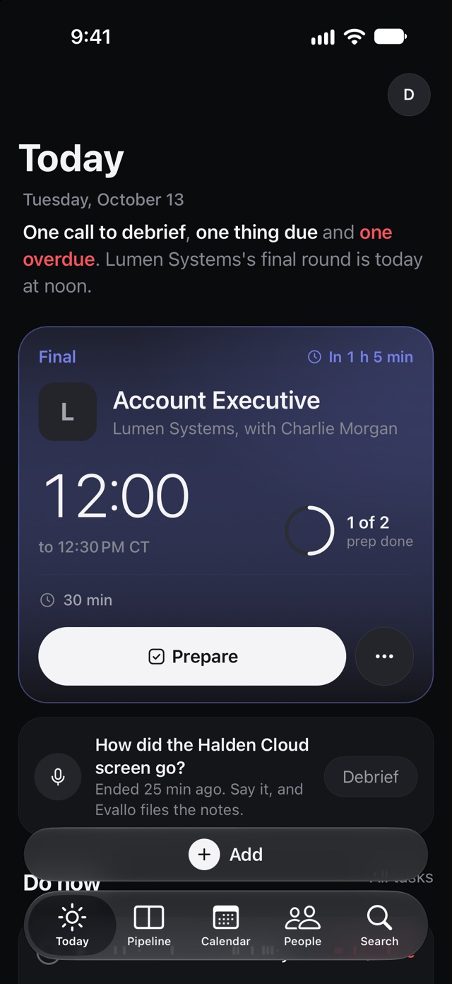 The Evallo iPhone app's Today screen with fictional sample data: a final-round interview at noon, a call to debrief and the day's tasks.