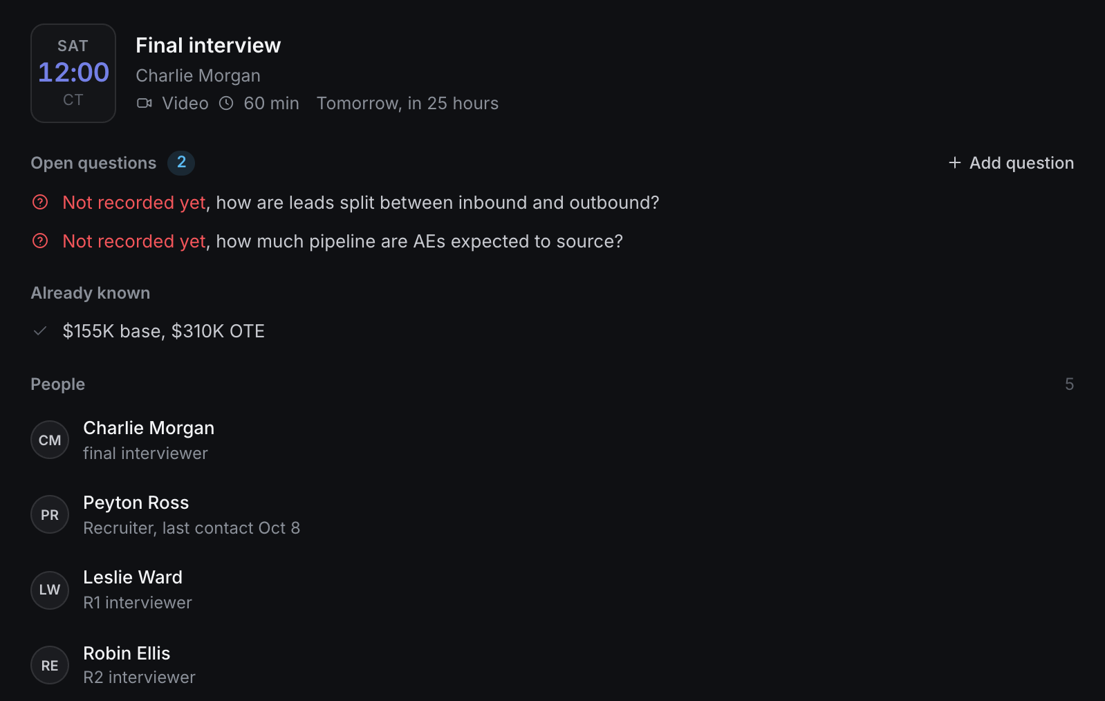 A briefing for a final interview: two open questions, the pay already known, and the people on the role
