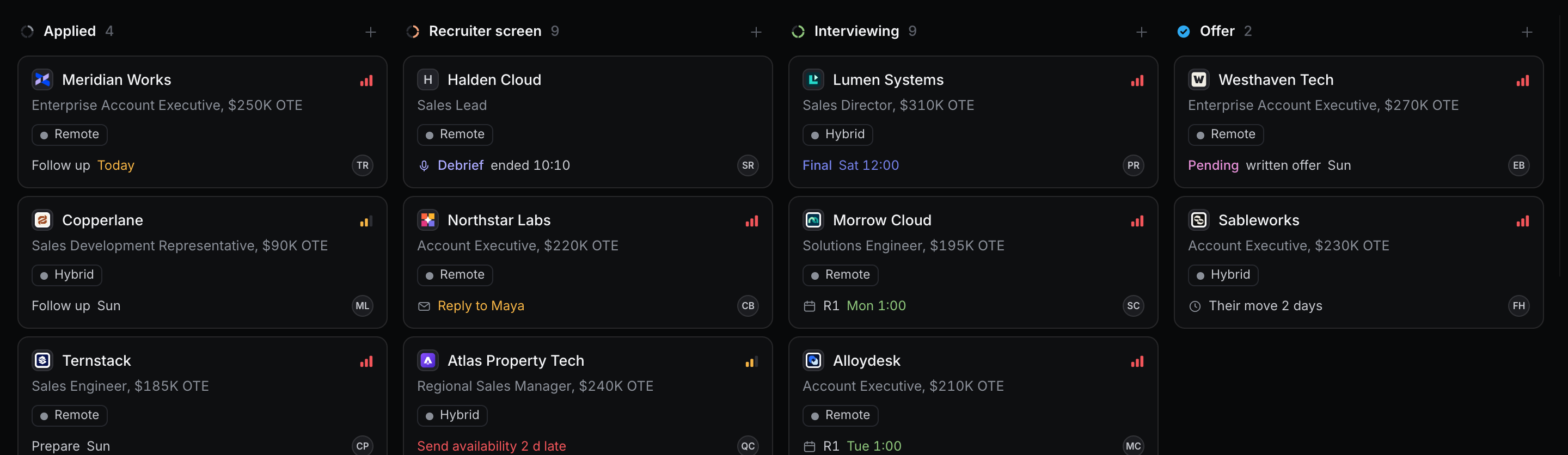 The pipeline in Evallo: roles from Applied to Offer, each with its pay and next step