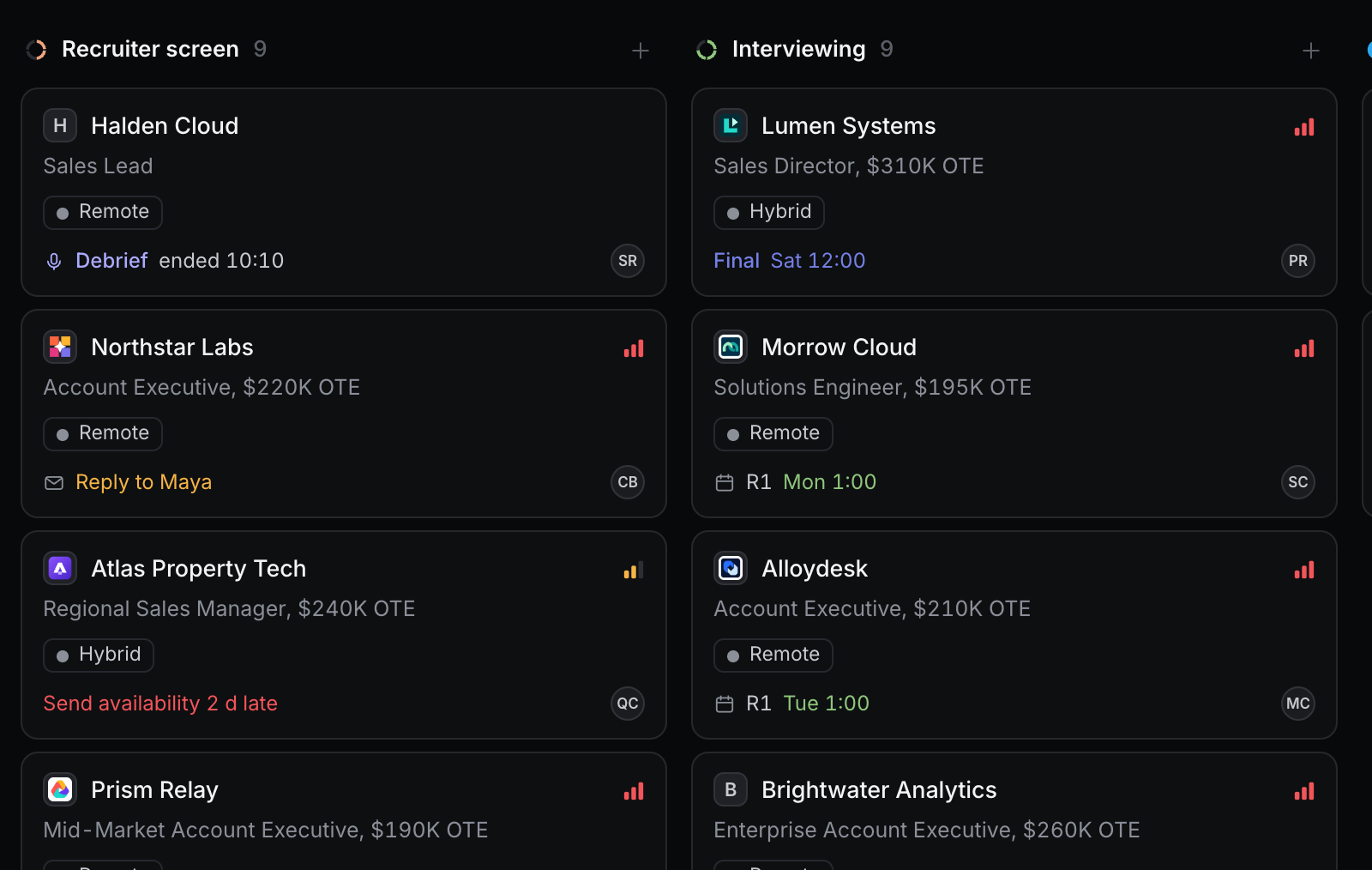 Three stages of the pipeline, each card with its pay and next step